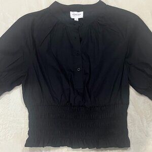 WHO WHAT WEAR Collection XS Top Pastel Black Smocked Cropped Puff Sleeve Poplin
